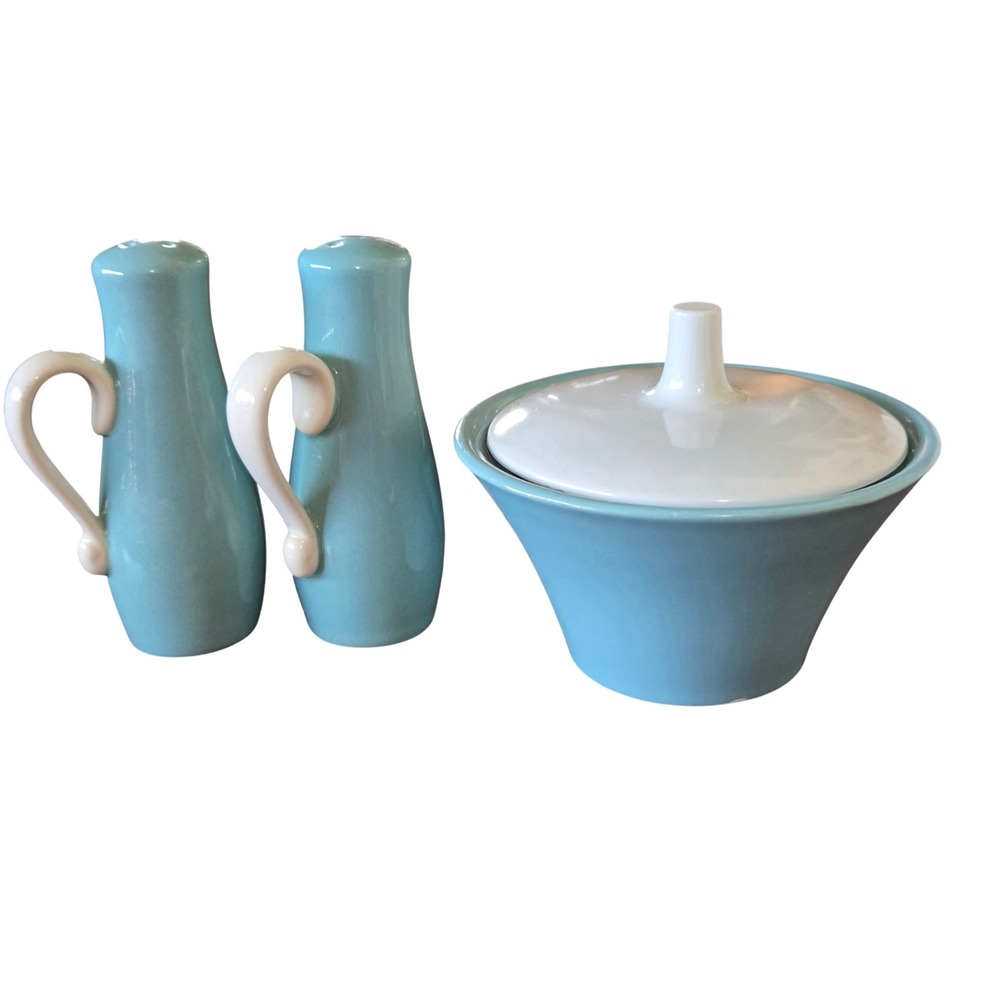 VTG Metlox Del Rey Salt Pepper Shakers Cameron Clay Sugar Bowl Married Set Blue
